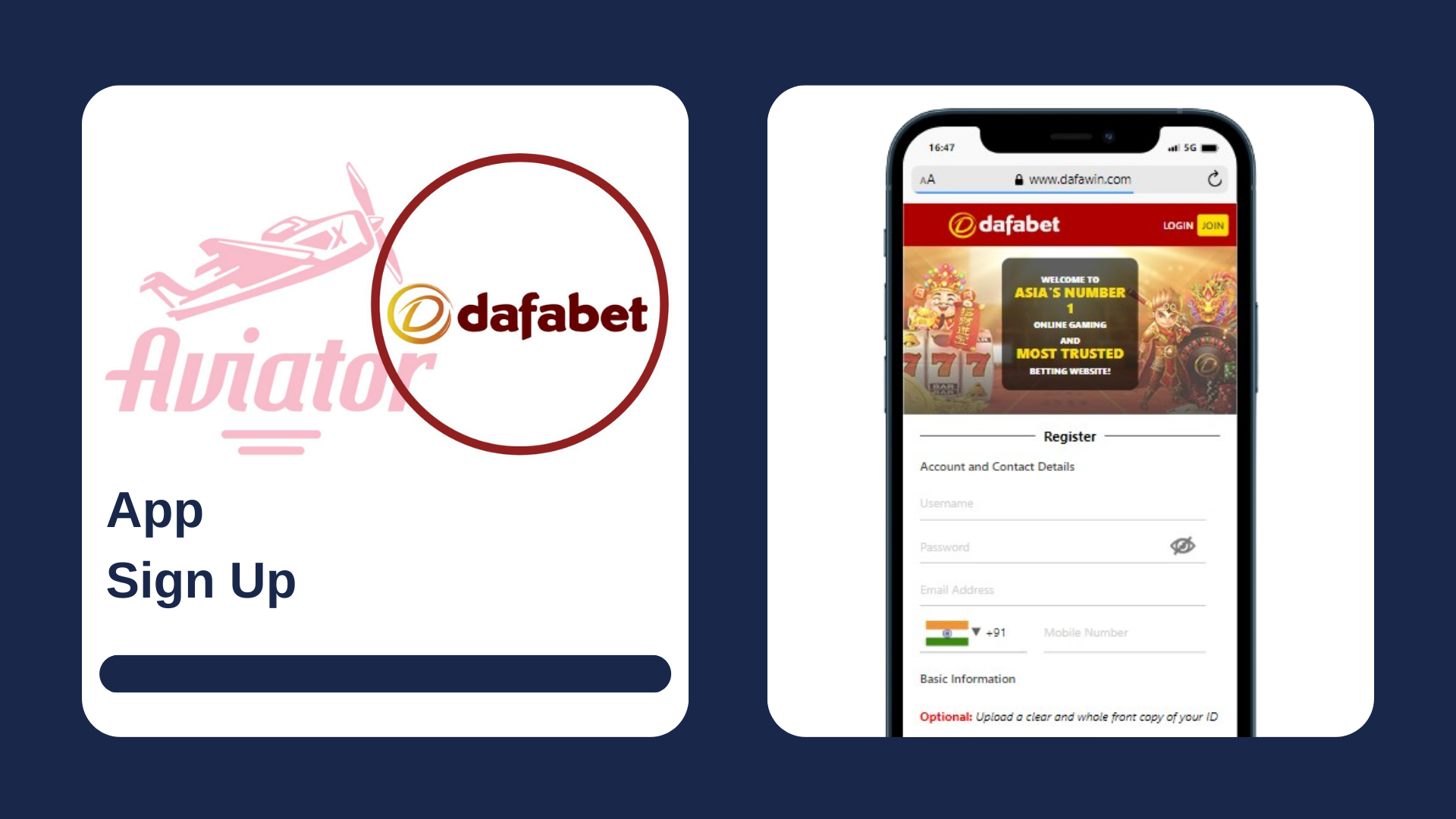 A smartphone showing sign up form of the casino, with Aviator game and Dafabet logos