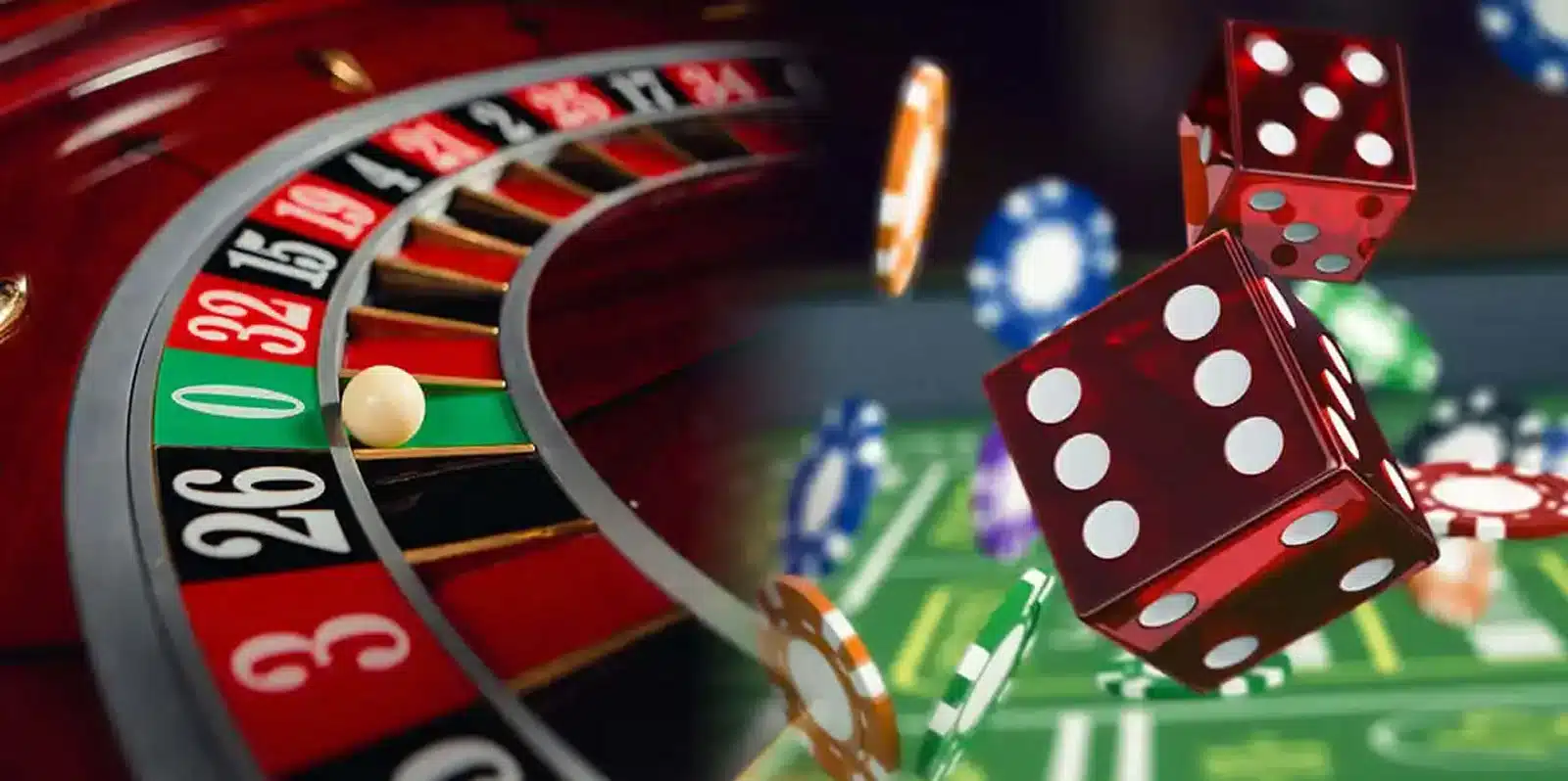Close-up of roulette wheel with spinning ball and red dice surrounded by colorful casino chips