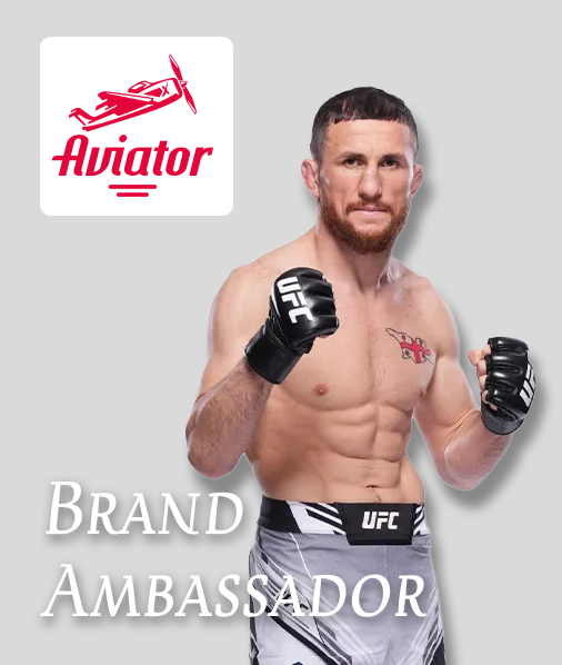 Merab Dvalishvili photo with Aviator game logo and a text 'Brand ambassador'
