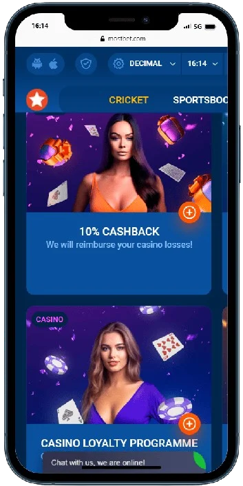 A smartphone displaying Mostbet online casino bonuses banners