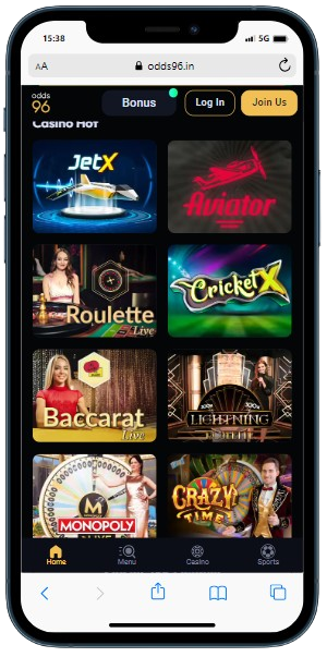 A smartphone showing games library of the Odds96 casino