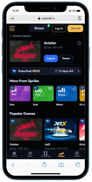 A smartphone displaying Odds96 casino with webpage to play Aviator demo mode or log in
