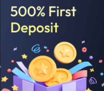 Promo banner of the Odds96 casino with present box, coins and text '500% First Deposit'