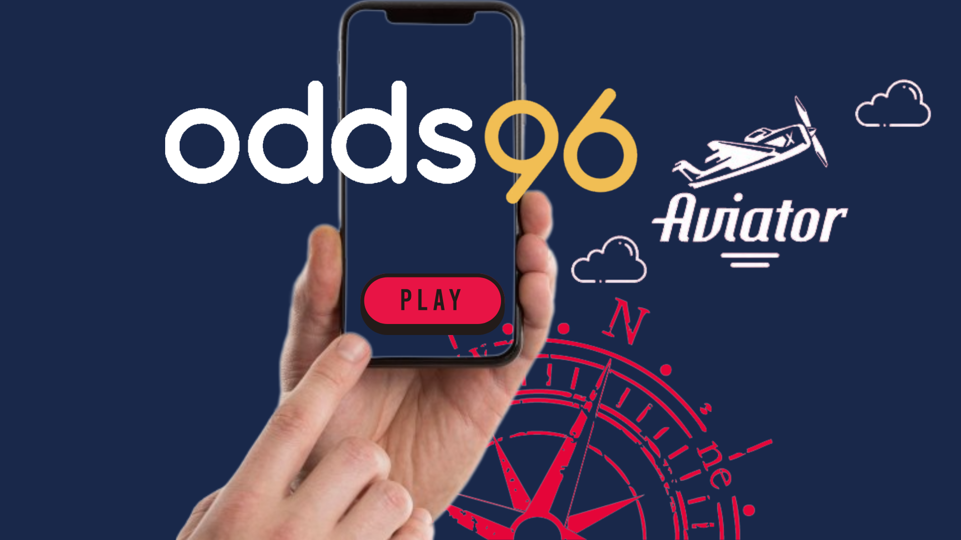 Logos of the Aviator game and Odds96 casino, and a hand holding smartphone
