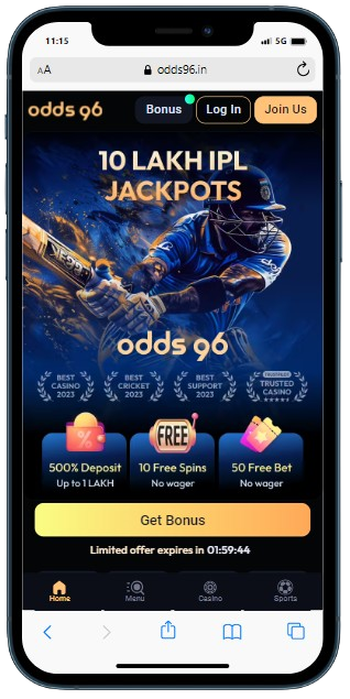 A smartphone showing home page of the Odds96 casino