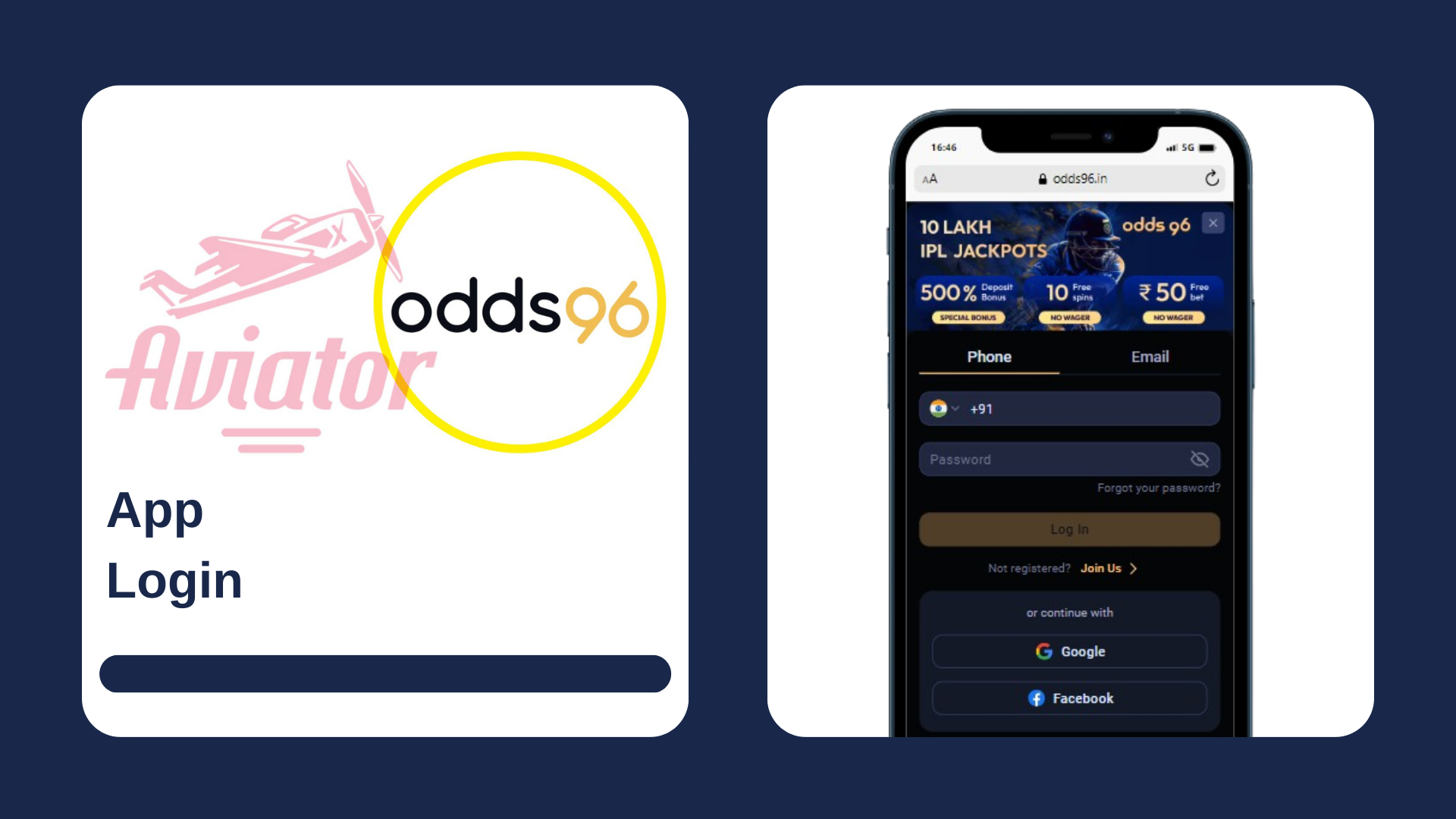 A smartphone showing login form of the casino, with Aviator game and Odds96 logos