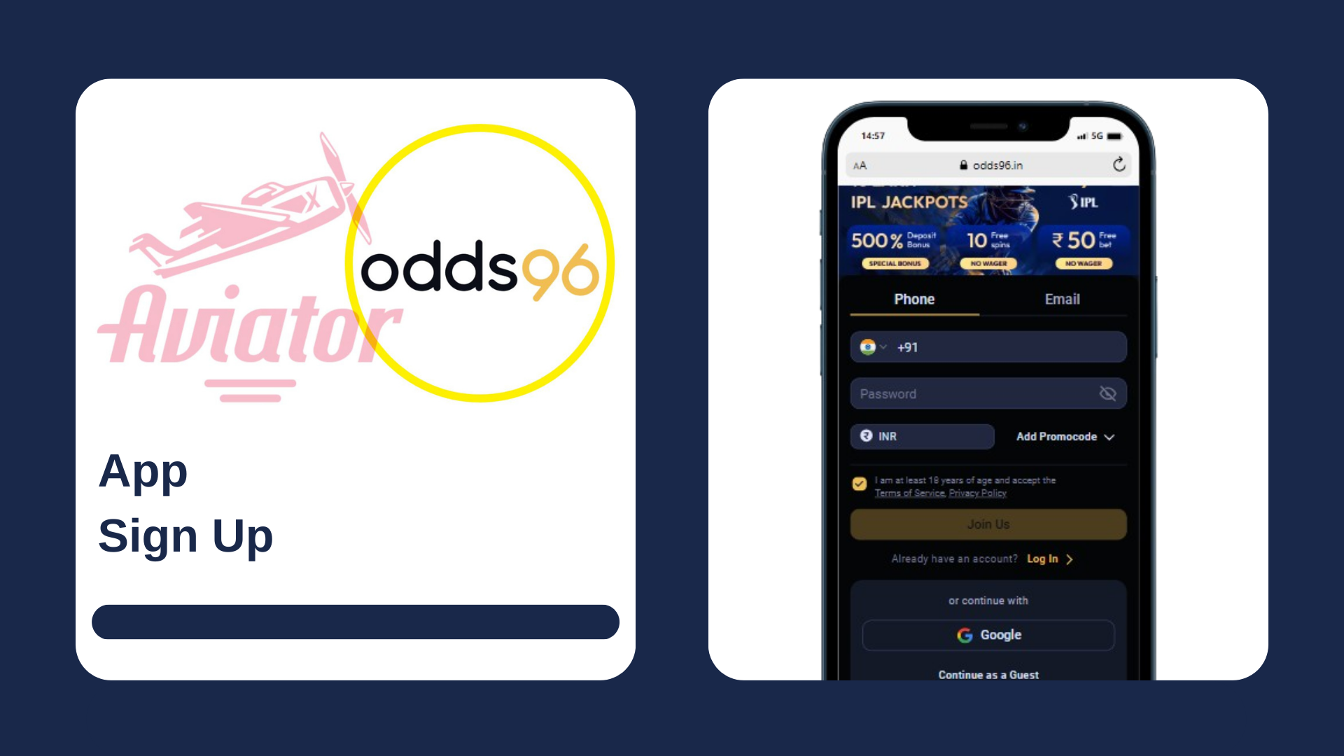 A smartphone showing registration form of the casino, with Aviator game and Odds96 logos