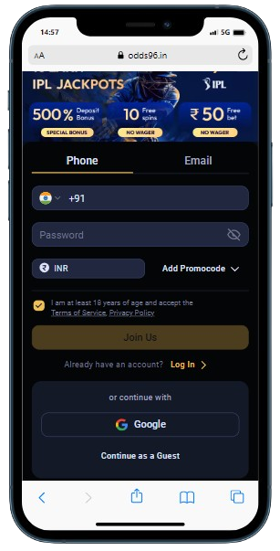 A smartphone displaying Odds96 online casino registration panel