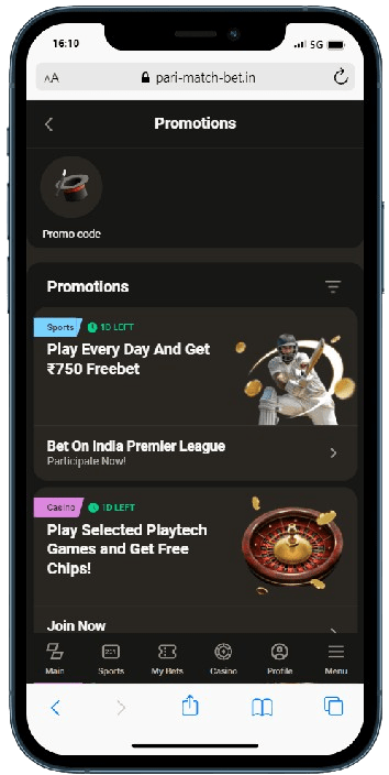 A smartphone displaying parimatch online casino bonuses banners